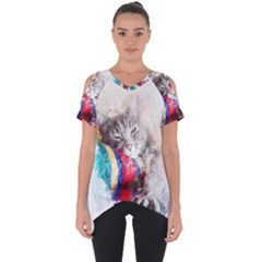 Cat Kitty Animal Art Abstract Cut Out Side Drop Tee by Celenk