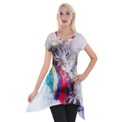 Cat Kitty Animal Art Abstract Short Sleeve Side Drop Tunic by Celenk