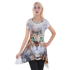 Cat Animal Art Abstract Watercolor Short Sleeve Side Drop Tunic by Celenk