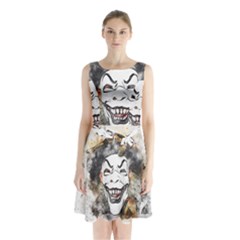 Mask Party Art Abstract Watercolor Sleeveless Waist Tie Chiffon Dress