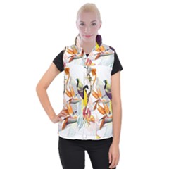Exotic Birds Of Paradise And Flowers Watercolor Women s Button Up Puffer Vest by TKKdesignsCo