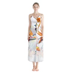 Exotic Birds Of Paradise And Flowers Watercolor Button Up Chiffon Maxi Dress