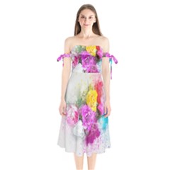 Flowers Bouquet Art Abstract Shoulder Tie Bardot Midi Dress