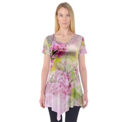 Flowers Pink Art Abstract Nature Short Sleeve Tunic  by Celenk