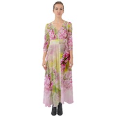 Flowers Pink Art Abstract Nature Button Up Boho Maxi Dress