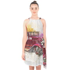 Car Old Car Art Abstract Halter Collar Waist Tie Chiffon Dress