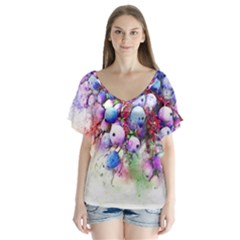 Berries Pink Blue Art Abstract V-neck Flutter Sleeve Top by Celenk