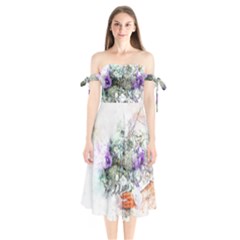 Flowers Bouquet Art Abstract Shoulder Tie Bardot Midi Dress by Celenk
