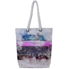 Pink Car Old Art Abstract Full Print Rope Handle Tote (small)