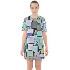 Background Painted Squares Art Sixties Short Sleeve Mini Dress by Celenk