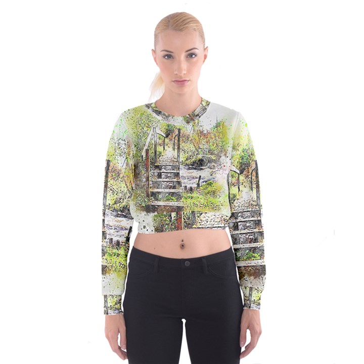 River Bridge Art Abstract Nature Cropped Sweatshirt