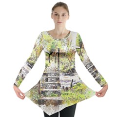 River Bridge Art Abstract Nature Long Sleeve Tunic  by Celenk
