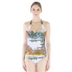River Water Art Abstract Stones Halter Swimsuit by Celenk