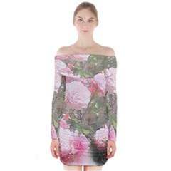 Flowers Roses Art Abstract Nature Long Sleeve Off Shoulder Dress