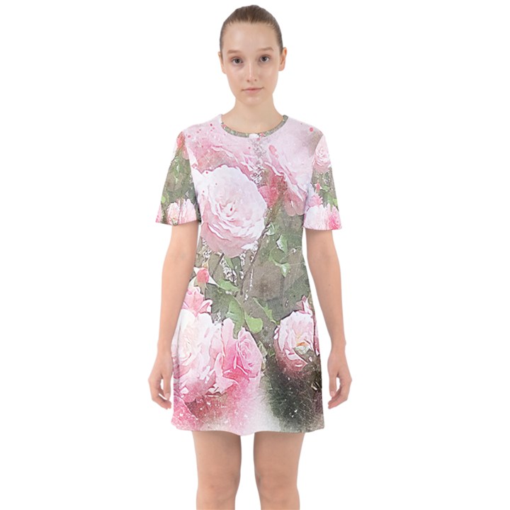 Flowers Roses Art Abstract Nature Sixties Short Sleeve Mini Dress