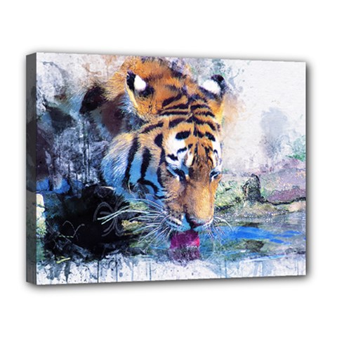 Tiger Drink Animal Art Abstract Canvas 14  X 11  by Celenk