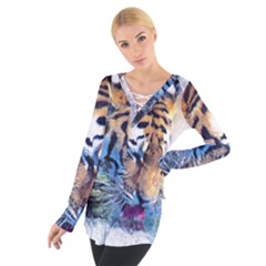 Tiger Drink Animal Art Abstract Tie Up Tee by Celenk