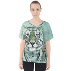 Tiger Cat Art Abstract Vintage V-neck Dolman Drape Top by Celenk