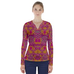 Fern Landscape In Harmony With Bleeding Hearts Fantasy Art V-neck Long Sleeve Top by pepitasart