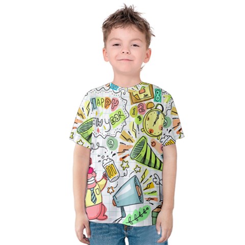 Doodle New Year Party Celebration Kids  Cotton Tee by Celenk