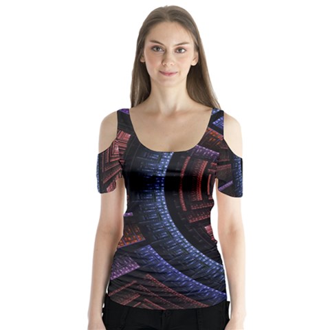 Fractal Circle Pattern Curve Butterfly Sleeve Cutout Tee  by Celenk