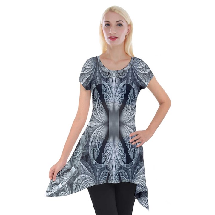 Fractal Blue Lace Texture Pattern Short Sleeve Side Drop Tunic