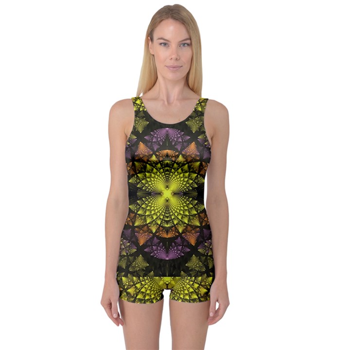 Fractal Multi Color Geometry One Piece Boyleg Swimsuit