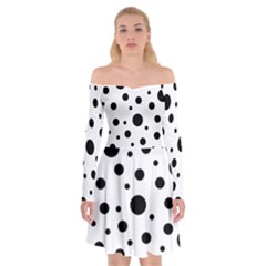 Black On White Polka Dot Pattern Off Shoulder Skater Dress by LoolyElzayat