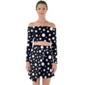 White On Black Polka Dot Pattern Off Shoulder Top with Skirt Set View1