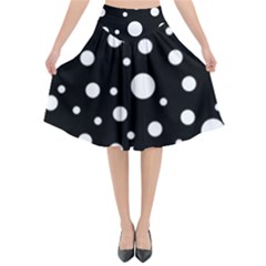 White On Black Polka Dot Pattern Flared Midi Skirt by LoolyElzayat