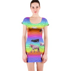 Horses In Rainbow Short Sleeve Bodycon Dress by CosmicEsoteric