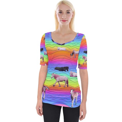 Horses In Rainbow Wide Neckline Tee by CosmicEsoteric