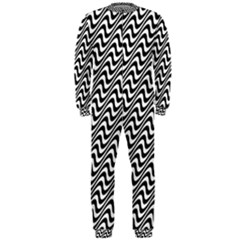 White Line Wave Black Pattern Onepiece Jumpsuit (men)  by Celenk