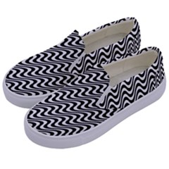 White Line Wave Black Pattern Kids  Canvas Slip Ons by Celenk