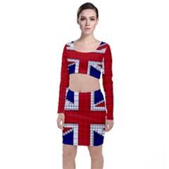 Union Jack Flag Uk Patriotic Long Sleeve Crop Top & Bodycon Skirt Set