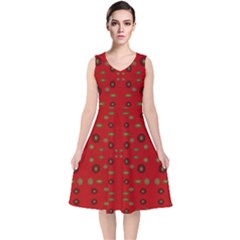 Brown Circle Pattern On Red V-neck Midi Sleeveless Dress 