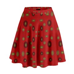 Brown Circle Pattern On Red High Waist Skirt