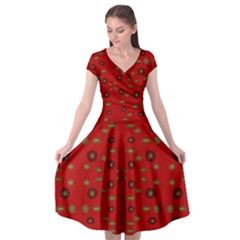 Brown Circle Pattern On Red Cap Sleeve Wrap Front Dress