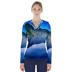 Mountain Water Landscape Nature V-neck Long Sleeve Top by Celenk