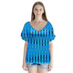 Sharp Blue And Black Wave Pattern V-neck Flutter Sleeve Top