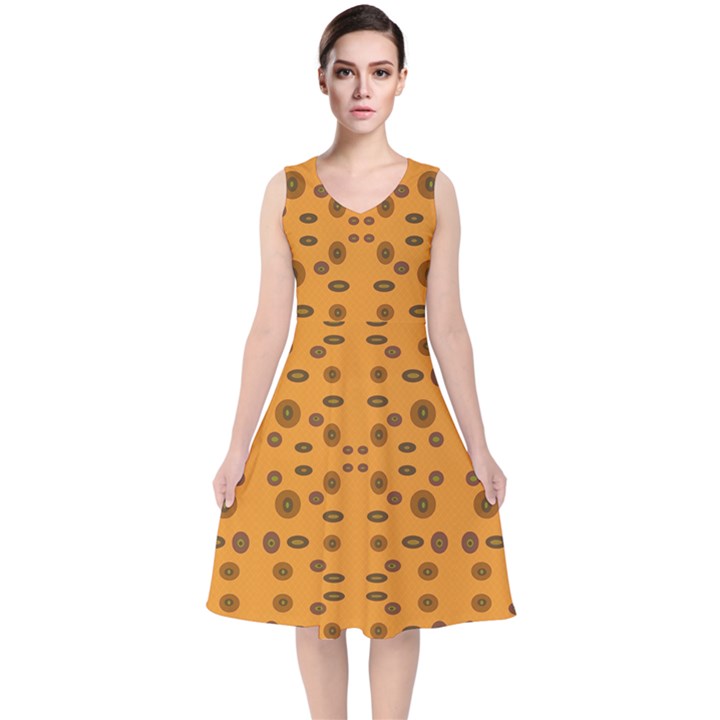 Brown Circle Pattern On Yellow V-Neck Midi Sleeveless Dress 