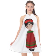 Frida Kahlo Doll Halter Neckline Chiffon Dress 