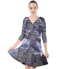 Castle Building Architecture Quarter Sleeve Front Wrap Dress	