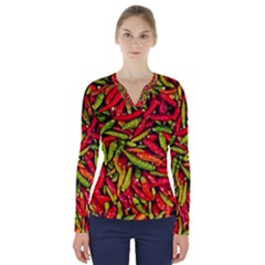 Chilli Pepper Spicy Hot Red Spice V-neck Long Sleeve Top by Celenk