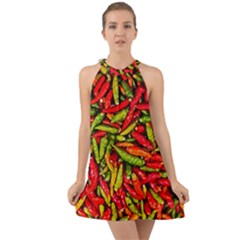 Chilli Pepper Spicy Hot Red Spice Halter Tie Back Chiffon Dress by Celenk