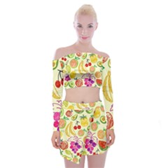 Cute Fruits Pattern Off Shoulder Top With Mini Skirt Set