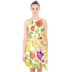 Cute Fruits Pattern Halter Collar Waist Tie Chiffon Dress