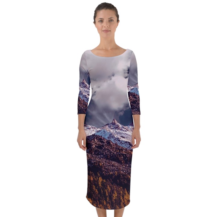Mountain Sky Landscape Hill Rock Quarter Sleeve Midi Bodycon Dress