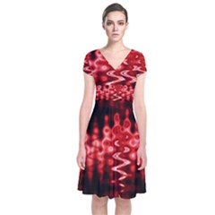 Red And Black Wave Pattern Short Sleeve Front Wrap Dress