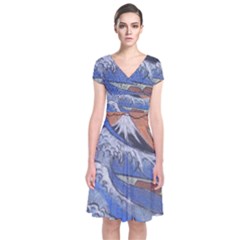 Harvard Mayfair Hokusai Chalk Wave Fuji Short Sleeve Front Wrap Dress by Celenk